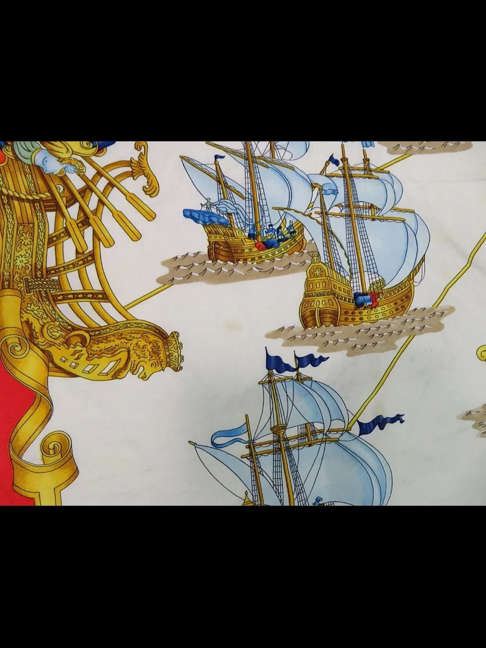 Hermes Silk Scarf Red, Cream, Gold, Blue